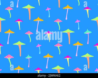 Funghi psichedelici modello senza cuciture. Viaggio acido, funghi magici colorati nello stile degli anni '80s. Design per poster, banner e articoli promozionali Illustrazione Vettoriale