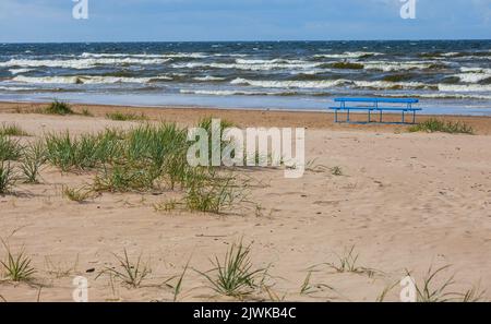 Spiaggia del Mar Baltico. Panorama con erba di mare e panca vuota. Dune di sabbia sulla spiaggia Foto Stock