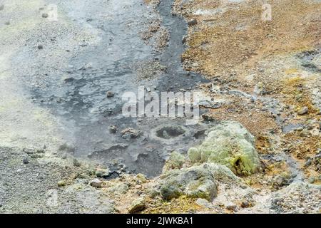 Scarico idrotermale sulla riva del lago caldo nella caldera del vulcano Golovnin sull'isola di Kunashir Foto Stock