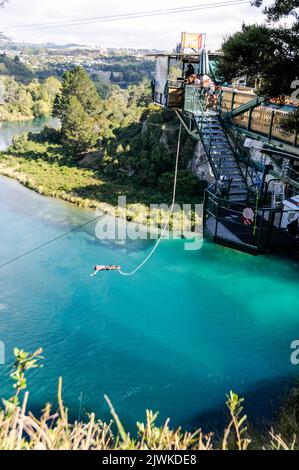 Un ponticello di bungy collegato con un cavo elastico, tuffa 47 metri sotto nel fiume di Waikato (il più lungo della Nuova Zelanda) dal nuovo Hanger di scogliera di Taupo Foto Stock