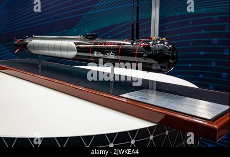 19 dicembre 2021, Sochi, Russia, Un mock-up del veicolo subacqueo ultra-lungo disabitato 'Sarma'. Foto Stock