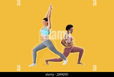 Allegre donne caucasiche e nere millenni in abbigliamento sportivo facendo esercizi Foto Stock