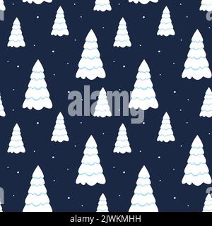 Inverno snovy foresta di abeti senza cuciture modello. Sfondo blu scuro per carta da imballaggio, striscioni, web design, scrapbooking Illustrazione Vettoriale