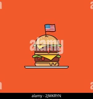 Cheeseburger doppio con illustrazione vettoriale di stile contorno riempita con bandiera degli Stati Uniti. Simbolo del fast food americano. Illustrazione Vettoriale