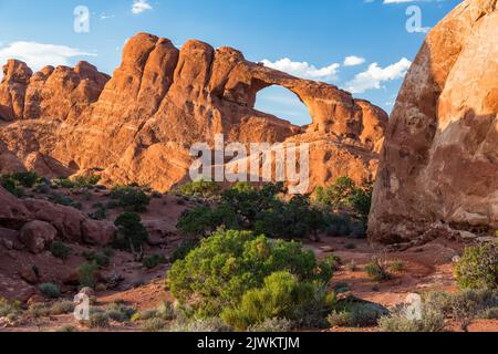Skyline Arch, un arco di arenaria Entrada nella sezione Devil's Garden del Parco Nazionale di Arches, Moab, Utah. Foto Stock