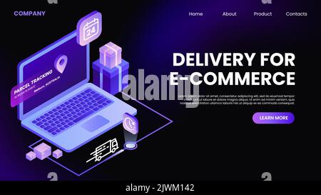 Consegna per e-Commerce. Pagina di destinazione del sito Web. Modello orizzontale isometrico. Illustrazione vettoriale Illustrazione Vettoriale