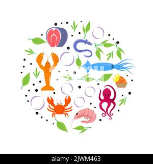Cornice circolare con granchio, gamberetti, tonno e bistecca di salmone, calamari, aringhe e polpi, piatto di pesce. Piatto di pesce con limone, basilico, rosmarino, timo Illustrazione Vettoriale