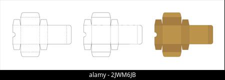Modello di scatola cartacea, schema di taglio per creare il pacchetto, layout del modello geometrico aperto, illustrazione vettoriale su sfondo bianco. Illustrazione Vettoriale