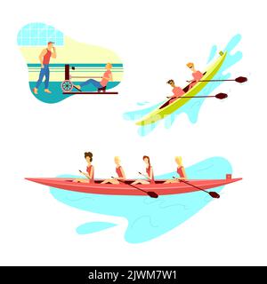 Sport acquatici estremi e pericolosi, attività ricreative attive. Squadra di ragazze in Rowing Boat. Giovane uomo che si forma su una macchina a remi vicino all'allenatore. Gruppo di persone Illustrazione Vettoriale