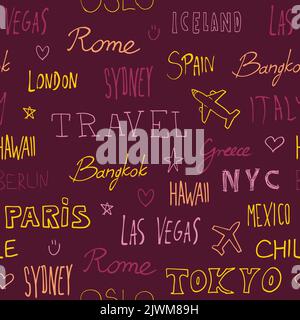 World città background. Destinazione di viaggio nomi città tracciato vettoriale senza giunture. Texture cool da viaggio. Illustrazione Vettoriale