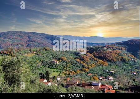 Vista aerea di una valle, Valdinievole Toscana, Italia Foto Stock