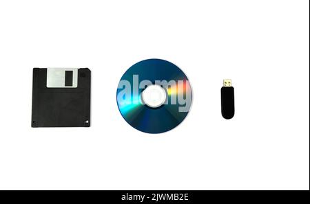 Evoluzione di schede di memoria, floppy disk, CD e chiavi USB Foto Stock