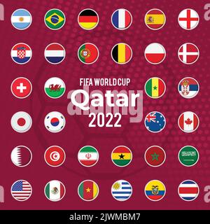 Tutte le bandiere dei paesi partecipanti alla Coppa del mondo di calcio 2022 Illustrazione Vettoriale