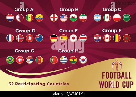 Coppa del mondo del Qatar tutti i 32 paesi partecipanti Illustrazione Vettoriale