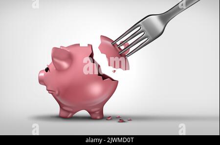 Prendere un morso di risparmio e inflazione dolore concetto o budget e budgeting simbolo come una banca piggy con una forcella rimuovere parte dell'investimento. Foto Stock