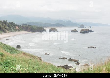 Vista di Cannon Beach dall'Ecola state Park in una giornata intera. Foto Stock