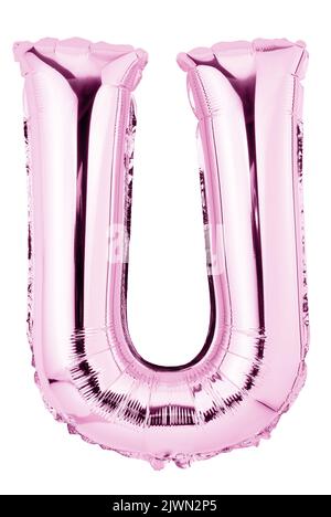 Lettera U in palloncino di mylar rosa isolato su bianco Foto Stock