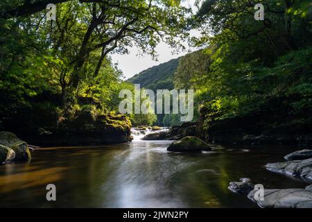Vista sul fiume East Lyn e sul Watersfeet a Lynmouth, nel Devon settentrionale, in Inghilterra Foto Stock