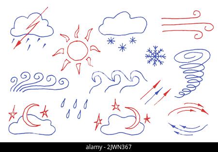 Icone web meteo insieme disegnato da matite a colori, doodles vettore illustrazione. I bambini come icone di disegno del sole, della nuvola, della pioggia, della luna con le nubi e le stelle Illustrazione Vettoriale