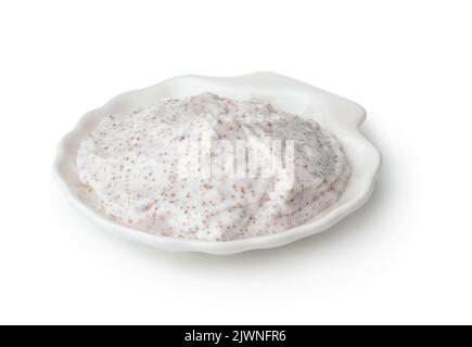 Scrub corpo esfoliante in tazza di ceramica bianca isolato su bianco Foto Stock