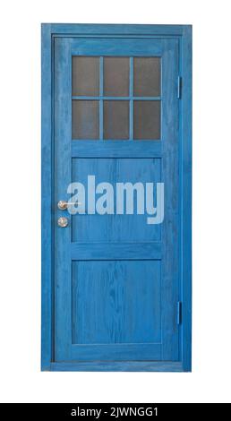 Vista frontale della vecchia porta di legno blu con finestra di vetro smerigliato isolata su bianco Foto Stock