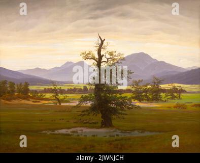 L'albero solitario, Village Landscape in Morning Light, Caspar David Friedrich, 1822, Alte Nationalgalerie, Berlino, Germania, Europa Foto Stock