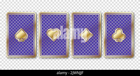 Quattro belle carte da gioco con l'icona del segno del vestito di poker. Le schede sul retro sono di colore magenta. Illustrazione vettoriale su sfondo trasparente. Illustrazione Vettoriale