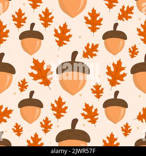 Acorn e autunno foglie senza cuciture modello. Disegno vettoriale. Illustrazione Vettoriale