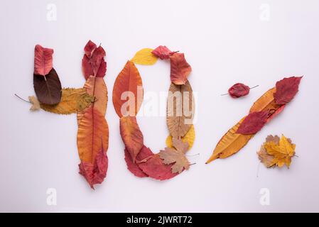 quaranta per cento dalle foglie autunnali su sfondo bianco. Foto Stock