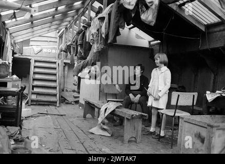 Londra, Inghilterra, circa 1967. Un gruppo di bambini del Pirate Club a bordo di ‘Rosedale’, una chiatta in disuso che serviva da clubhouse. Due ragazzi sono penzolanti capovolti da una trave sul tetto mentre un altro ragazzo e una ragazza guardano sopra. Unghie usate e altre lettiere sono state scartate sul ponte della chiatta, lasciato dal suo lavoro di restauro. Il Pirate Club, un club nautico per bambini, è stato fondato nel 1966 presso Gilbey’s Wharf sul Regent’s Canal vicino a Camden, Londra. Per l’uso dei bambini erano state donate alcune piccole barche e canoe. Foto Stock