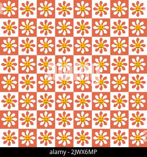 Motivo vintage con margherite ed emoticon. Illustrazione retrò in stile groovy e trippy 1970. Illustrazione Vettoriale