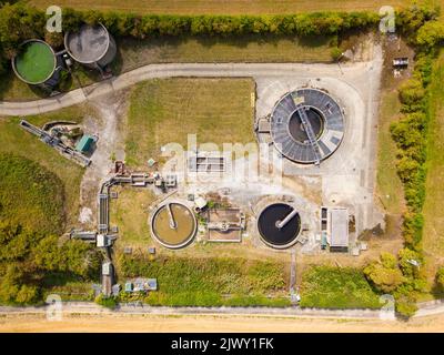 Vista aerea dell'impianto di trattamento delle acque reflue di Arthington Foto Stock