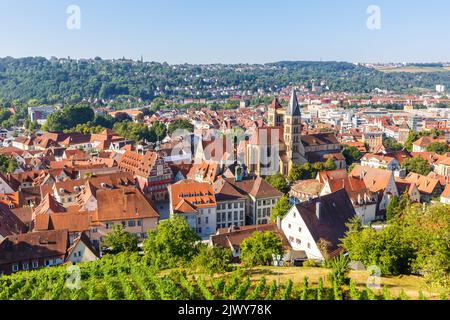 Vista sulla città di Esslingen, con antico municipio e chiesa in viaggio in Germania Foto Stock