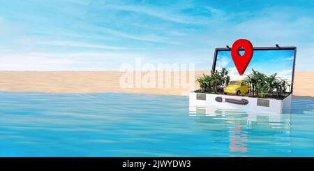 Valigia in mare sulla spiaggia con piccola auto gialla e palme all'interno, cielo sfondo, concetto di viaggio, rendering 3D, 3D Illustrazione Foto Stock