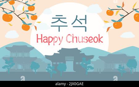 Buon chuseok poster festivo. Hangawi tradizionale coreano metà autunno festa banner. Paesaggio di campagna con albero di persimmon e casa di hanok. Ve Illustrazione Vettoriale
