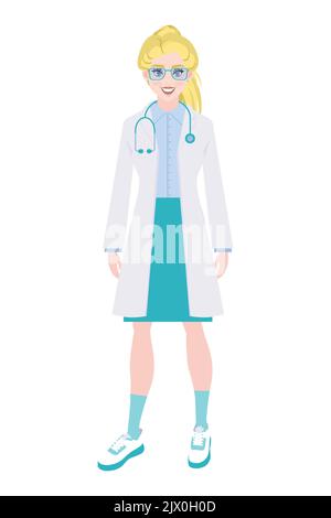 Ragazza medico in un cappotto medico e uno stetoscopio. Donna bionda in occhiali da infermiera sorridente. Cartoon personaggio femminile per concetto medico. Illustrazione Vettoriale