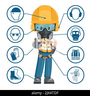 Lavoratori del settore edile con dispositivi di protezione individuale e icone, pittogrammi di sicurezza. Sicurezza industriale e salute sul lavoro Illustrazione Vettoriale