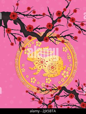 Felice anno nuovo 2023, Capodanno cinese, anno del coniglio (traduzione: Felice anno nuovo) Illustrazione Vettoriale