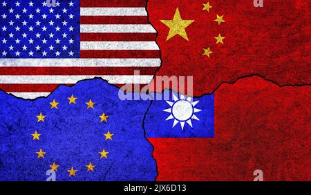 Bandiere di Stati Uniti d'America, Cina, Unione europea e Taiwan su un muro. Cina Taiwan Stati Uniti relazioni UE Foto Stock