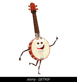 Personaggio dello strumento Cartoon banjo. Personaggio fantasy musicale isolato vettoriale con lunghe danze avvoltoio e archi. Oggetto musicale americano vintage sorridente per suonare musica etnica o folk Illustrazione Vettoriale