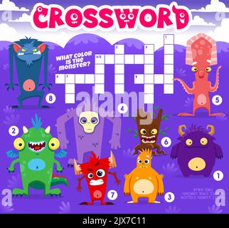 Quiz a parole incrociate. Personaggi del mostro dei cartoni animati. Foglio di lavoro del vettore di ricerca di parola del bambino indovinello o del vocabolario del quiz con i calamari divertenti, drago verde cute cute e bestia lanuginosa, personages cute del monster del diavolo arrabbiato Illustrazione Vettoriale
