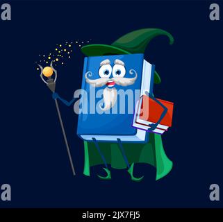 Cartoon scuola libro di testo wizard, mago, warlock o carattere stregone. Carino vettore libro personage indossare mantello e cappello strega con magiche e magiche. Isolato divertente alchimista Bestseller Illustrazione Vettoriale