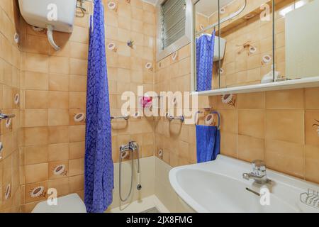 Piccolo bagno in stile antico con doccia, wc e lavandino. Appartamento per ristrutturazione. Foto Stock