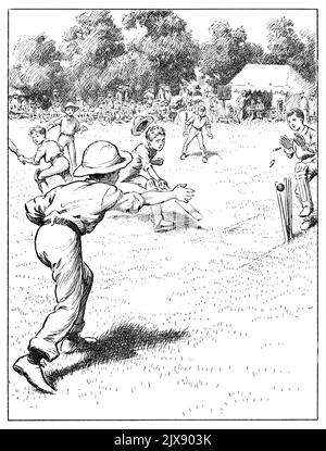 1891 illustrazione vittoriana vintage di ragazzi che giocano a cricket. Dal libro dei bambini lettura domenicale per i giovani. Con bordo. Foto Stock