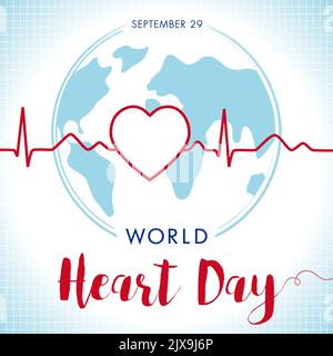 Giornata mondiale del cuore con traccia di terra e impulsi. Logo Creative Heart, globo piatto, illustrazione vettoriale. Il concetto di Congrats per il banner della Giornata Internazionale del cuore Illustrazione Vettoriale
