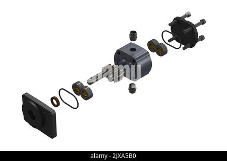 Le parti 3D del gruppo pompa idraulica sono isolate su sfondo bianco Foto Stock