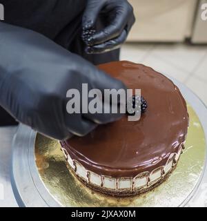 mano dello chef toppig una torta al cioccolato con oro e frutti di bosco in laboratorio Foto Stock