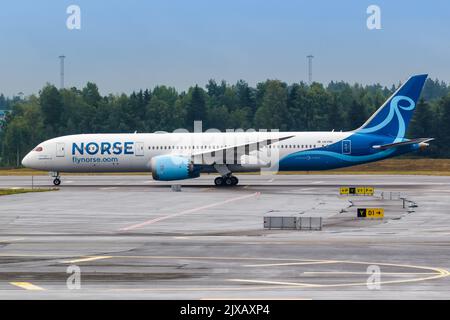 Oslo, Norvegia - 16 agosto 2022: Norse Atlantic Airways Boeing 787-9 Dreamliner aereo all'aeroporto di Oslo (OSL) in Norvegia. Foto Stock