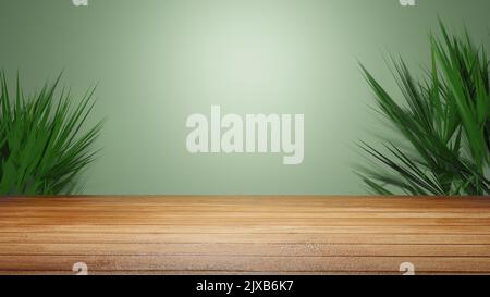 Tavolo di legno vuoto di fronte a fondo piano . Simulazione per la visualizzazione dell'immagine del prodotto 3D Foto Stock
