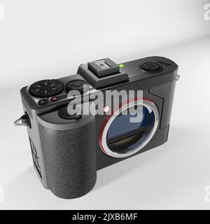 Fotocamera reflex digitale professionale immagine 3D. Fotocamera digitale mirrorless immagine bianca isolata. Fotocamera mock up immagine. Un'immagine di rendering 3D fotocamera vista frontale. Foto Stock